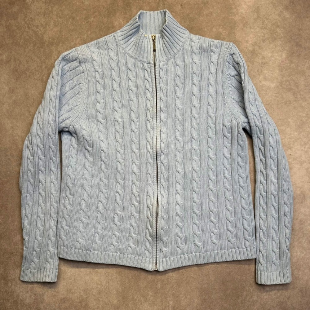 LL Bean Womens Small Light Blue Cotton Cable Knit Full Zip Mock Neck Cardigan